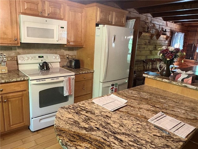 85 Plainfield Pike, Foster, RI 02825 - kitchen featuring white appliances, light wood-type flooring, tasteful backsplash, wood walls, and brown cabinetry