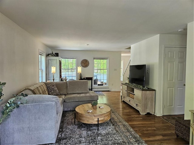 54 Polk Rd, Warwick, RI 02889 - living area with dark wood-type flooring, a baseboard radiator, and baseboards