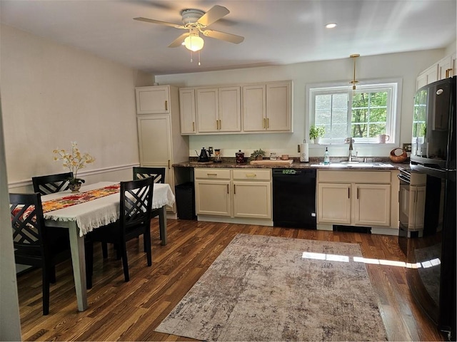 54 Polk Rd, Warwick, RI 02889 - kitchen featuring black appliances, a sink, dark wood finished floors, a ceiling fan, and recessed lighting