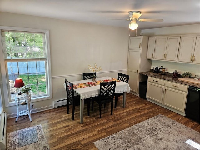 54 Polk Rd, Warwick, RI 02889 - dining space featuring a baseboard radiator, dark wood-style flooring, plenty of natural light, and a ceiling fan