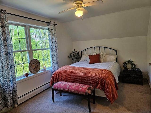 54 Polk Rd, Warwick, RI 02889 - carpeted bedroom with baseboard heating, lofted ceiling, multiple windows, and ceiling fan