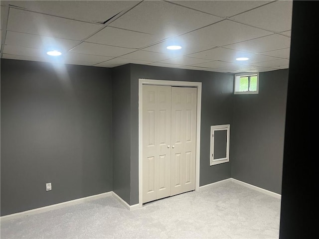 54 Polk Rd, Warwick, RI 02889 - basement featuring carpet floors, baseboards, a drop ceiling, and recessed lighting