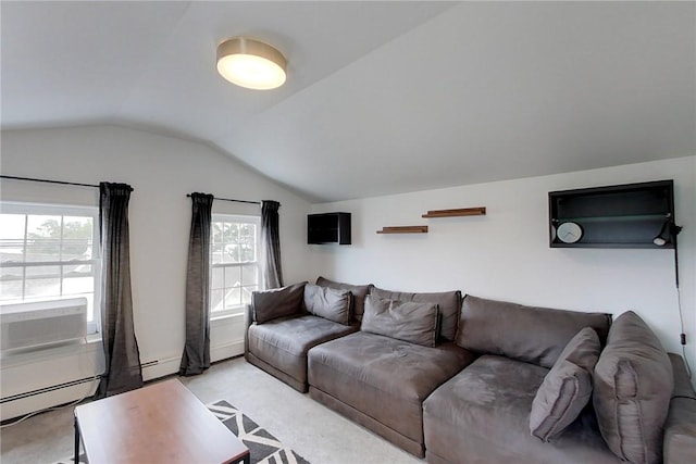 26 Cliff Ave Unit 4, Newport, RI 02840 - living room featuring vaulted ceiling, light colored carpet, and baseboard heating