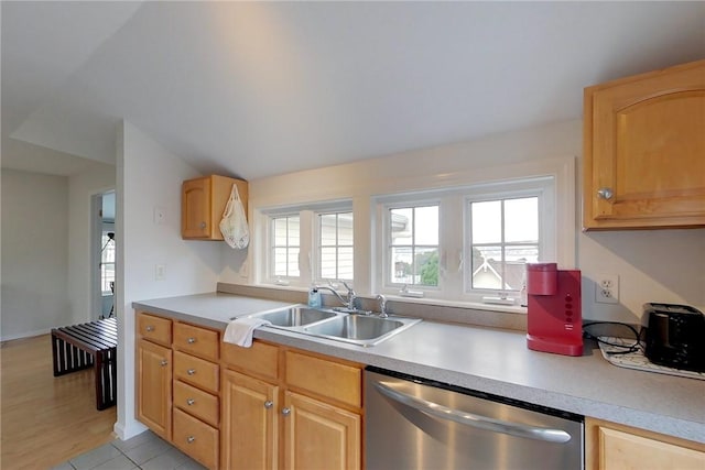 26 Cliff Ave Unit 4, Newport, RI 02840 - kitchen with stainless steel dishwasher, a sink, light countertops, and light brown cabinets
