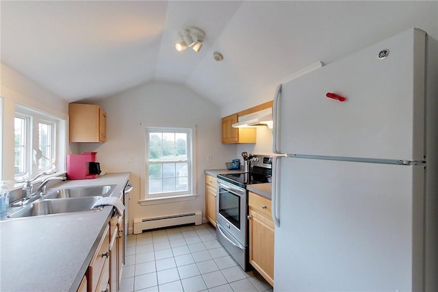 26 Cliff Ave Unit 4, Newport, RI 02840 - kitchen with freestanding refrigerator, stainless steel electric stove, baseboard heating, a sink, and light brown cabinets