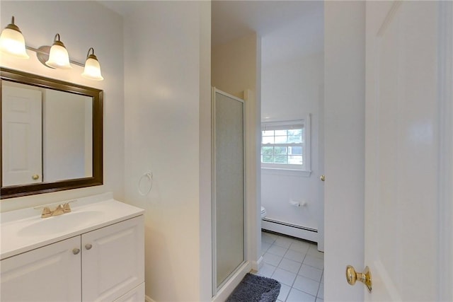 26 Cliff Ave Unit 4, Newport, RI 02840 - full bathroom featuring a baseboard radiator, tile patterned flooring, vanity, and a stall shower