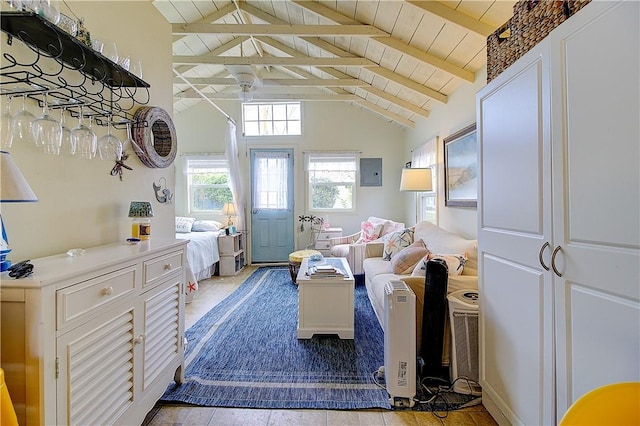 64 Burnside Ave, Narragansett, RI 02882 - living room with electric panel, wood ceiling with exposed beams, and high vaulted ceiling