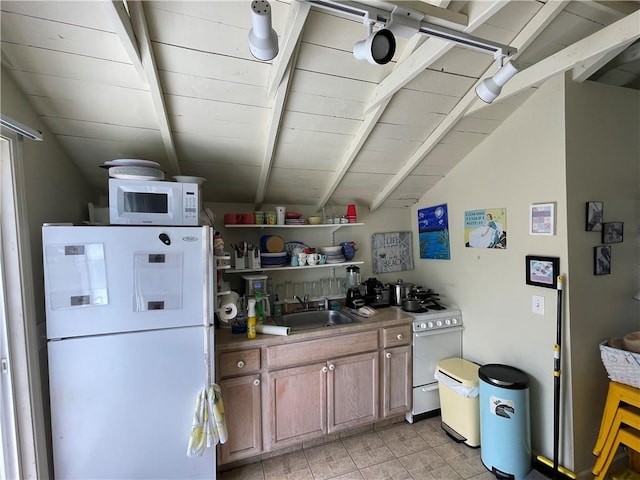 64 Burnside Ave, Narragansett, RI 02882 - kitchen featuring white appliances, a sink, brown cabinets, and wooden ceiling