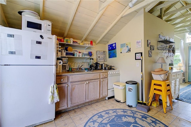 64 Burnside Ave, Narragansett, RI 02882 - kitchen with freestanding refrigerator, a sink, and wooden ceiling