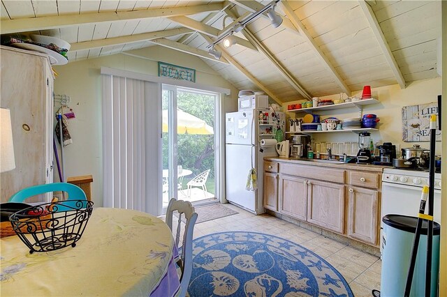 64 Burnside Ave, Narragansett, RI 02882 - kitchen featuring freestanding refrigerator, a sink, wood ceiling, open shelves, and light tile patterned floors
