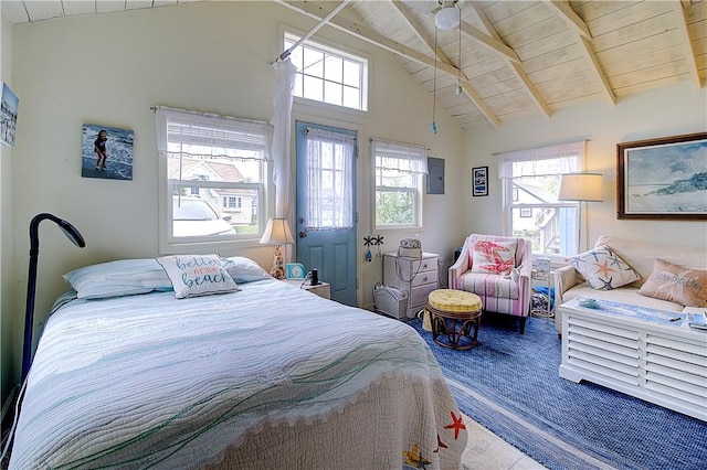 64 Burnside Ave, Narragansett, RI 02882 - bedroom with multiple windows, wooden ceiling with exposed beams, high vaulted ceiling, and wood finished floors