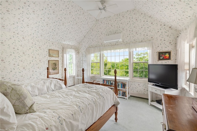 576 W Main Rd, Little Compton, RI 02837 - carpeted bedroom with wallpapered walls, vaulted ceiling, a wall mounted AC, and a ceiling fan