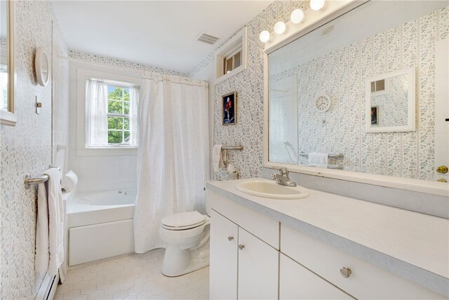 576 W Main Rd, Little Compton, RI 02837 - bathroom featuring toilet, vanity, tile patterned flooring, wallpapered walls, and shower / bath combination with curtain