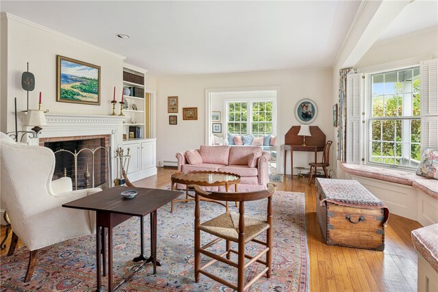 576 W Main Rd, Little Compton, RI 02837 - living room with a baseboard radiator, light wood-type flooring, a brick fireplace, built in features, and ornamental molding