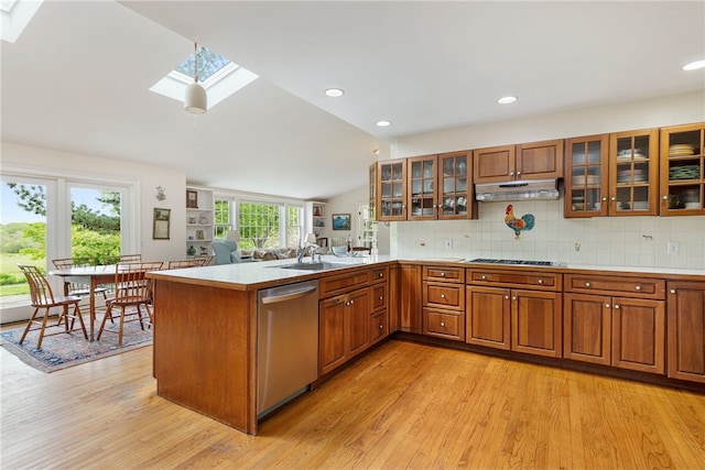 576 W Main Rd, Little Compton, RI 02837 - kitchen featuring stainless steel dishwasher, a skylight, a sink, under cabinet range hood, and lofted ceiling