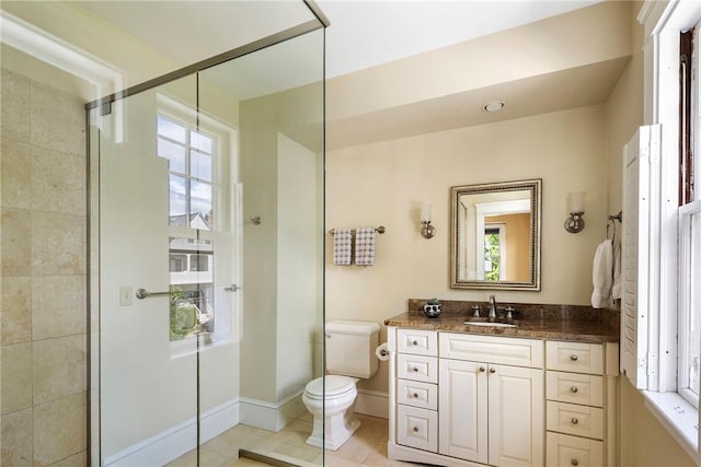 27 Cranston Ave, Newport, RI 02840 - bathroom featuring toilet, vanity, tile patterned flooring, a shower, and baseboards