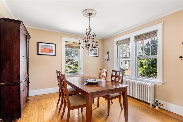27 Cranston Ave, Newport, RI 02840 - dining room with radiator heating unit, plenty of natural light, a chandelier, light wood finished floors, and crown molding