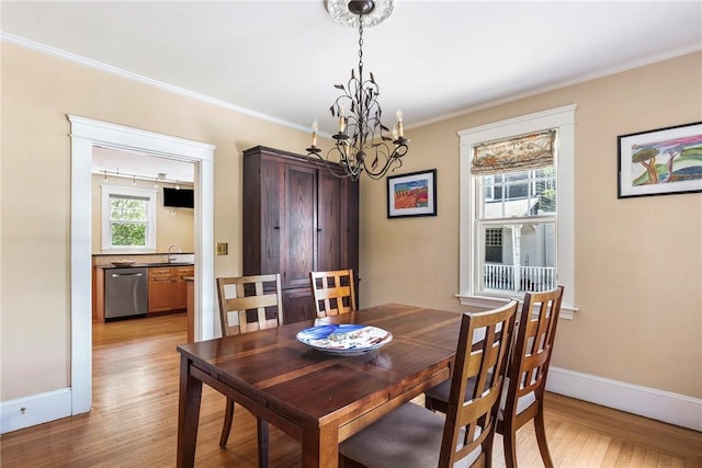 27 Cranston Ave, Newport, RI 02840 - dining area featuring light wood finished floors, a chandelier, crown molding, and baseboards