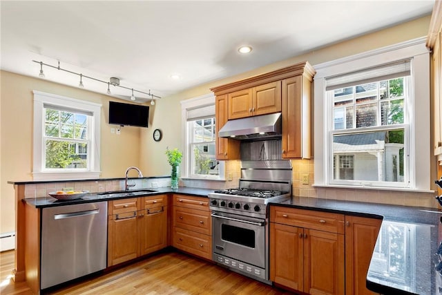 27 Cranston Ave, Newport, RI 02840 - kitchen with appliances with stainless steel finishes, under cabinet range hood, a sink, a peninsula, and healthy amount of natural light