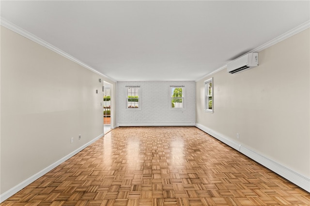39 Exeter Blvd, Narragansett, RI 02882 - unfurnished room featuring a wall unit AC, baseboards, crown molding, and brick wall