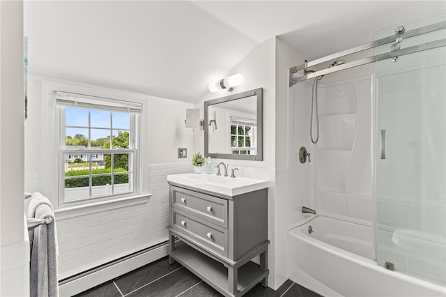 39 Exeter Blvd, Narragansett, RI 02882 - bathroom with a baseboard radiator, vanity, tile patterned flooring, lofted ceiling, and  shower combination