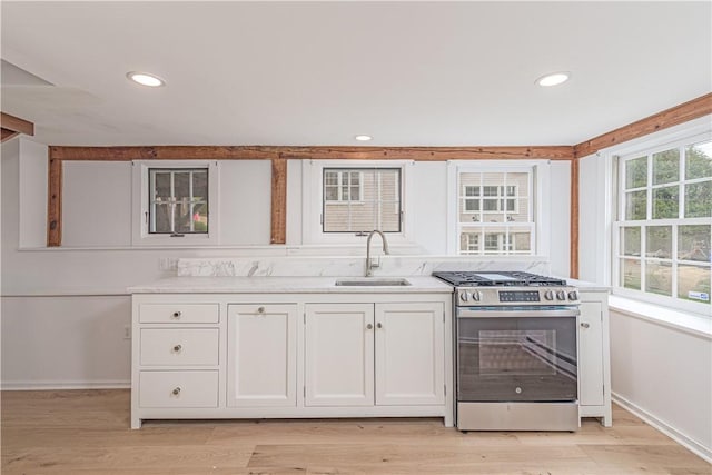 17 E Hills Rd, Westerly, RI 02891 - kitchen with stainless steel range with gas cooktop, a sink, white cabinetry, baseboards, and light countertops