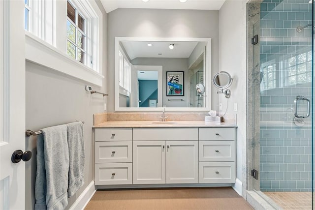 25 Walnut St, Jamestown, RI 02835 - bathroom featuring vanity, a shower stall, baseboards, and recessed lighting