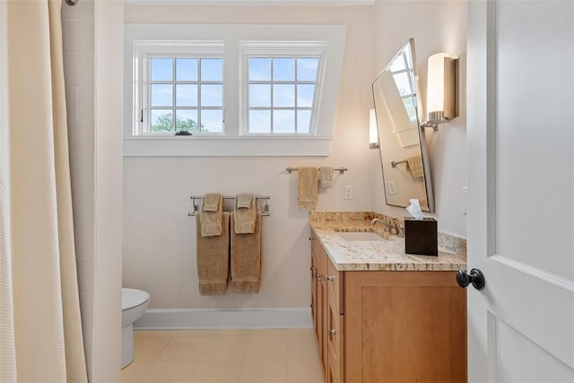 25 Walnut St, Jamestown, RI 02835 - bathroom with toilet, vanity, a shower with shower curtain, and baseboards