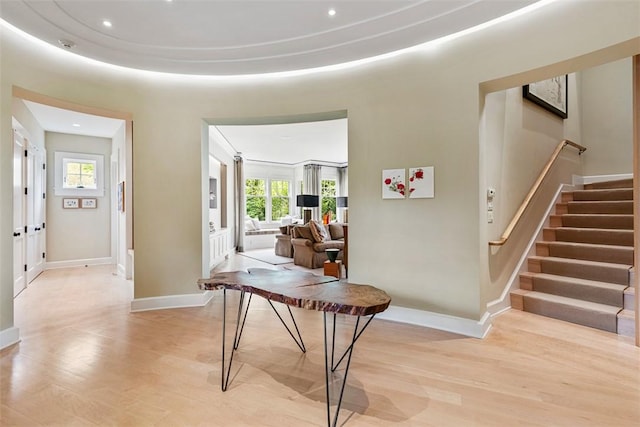 25 Walnut St, Jamestown, RI 02835 - entryway with light wood-style floors, plenty of natural light, stairway, baseboards, and recessed lighting