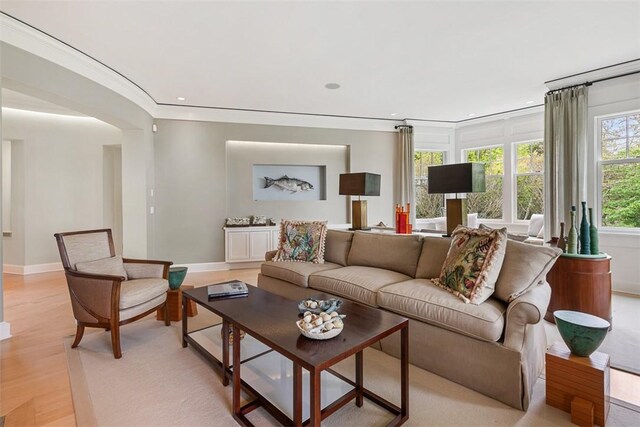 25 Walnut St, Jamestown, RI 02835 - living room with light wood-style flooring, recessed lighting, baseboards, and crown molding