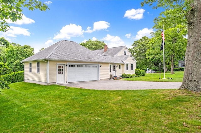 33 Upland Way, Barrington, RI 02806 - view of front of home with a garage, a front yard, a chimney, driveway, and a shingled roof