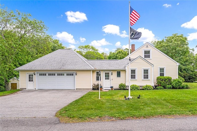 33 Upland Way, Barrington, RI 02806 - view of front of house with asphalt driveway, a garage, a front yard, and roof with shingles