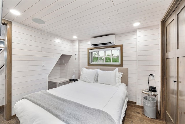 12 Alexander Cir Unit Th2, Richmond, RI 02898 - bedroom with a wall mounted air conditioner, wood finished floors, wooden walls, wooden ceiling, and recessed lighting