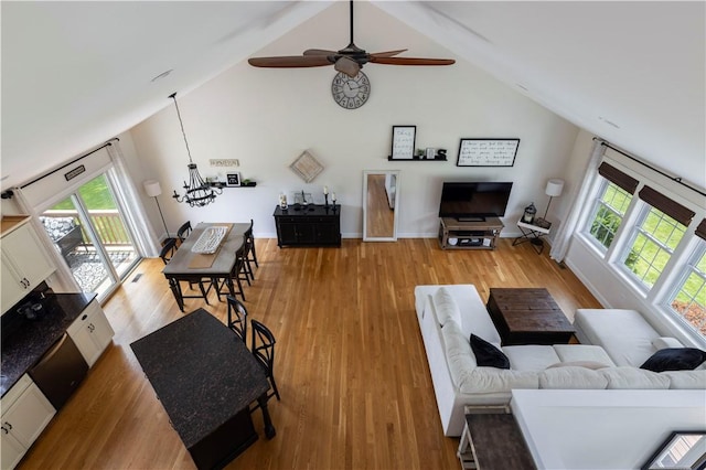 38 Pleasant View Dr, Hopkinton, RI 02832 - living room with a chandelier, wood finished floors, a ceiling fan, high vaulted ceiling, and baseboards