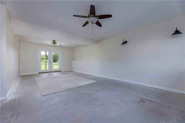 38 Pleasant View Dr, Hopkinton, RI 02832 - unfurnished room featuring concrete flooring, baseboards, french doors, and ceiling fan