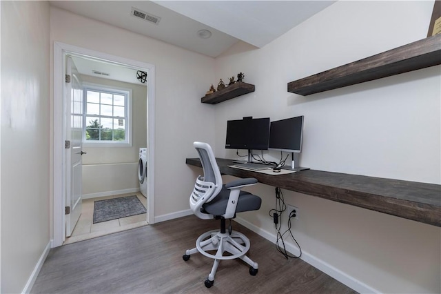 38 Pleasant View Dr, Hopkinton, RI 02832 - office area featuring washer / dryer, wood finished floors, and baseboards
