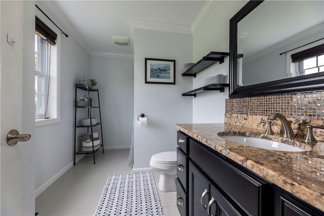 38 Pleasant View Dr, Hopkinton, RI 02832 - bathroom with toilet, tasteful backsplash, vanity, baseboards, and crown molding