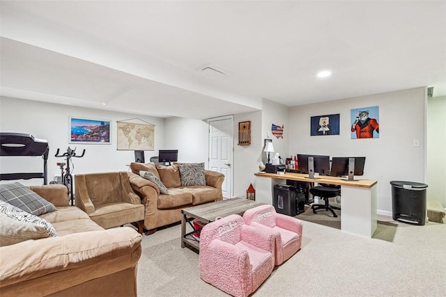 121 Greenbush Rd, Warwick, RI 02818 - living area featuring light colored carpet, an office area, baseboards, and recessed lighting