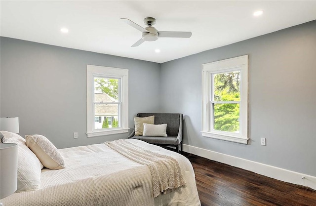 101 Knollwood Ave, Cranston, RI 02910 - bedroom featuring dark wood-style flooring, baseboards, recessed lighting, and a ceiling fan