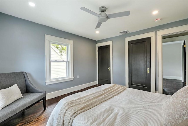 101 Knollwood Ave, Cranston, RI 02910 - bedroom with baseboards, dark wood-style floors, recessed lighting, and ceiling fan