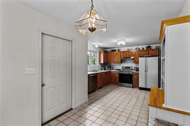 84 River Farms Dr Unit 84, West Warwick, RI 02893 - kitchen featuring stainless steel appliances, under cabinet range hood, light countertops, a chandelier, and a sink