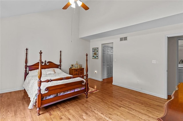 84 River Farms Dr Unit 84, West Warwick, RI 02893 - bedroom with light wood-style floors, baseboards, ceiling fan, and high vaulted ceiling