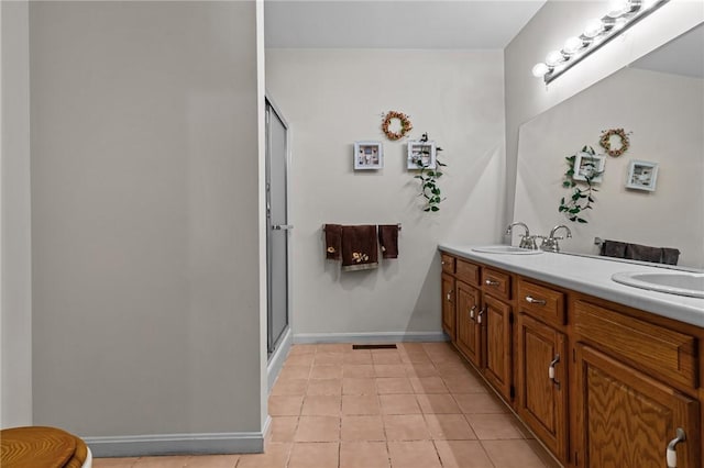 84 River Farms Dr Unit 84, West Warwick, RI 02893 - bathroom with double vanity, a stall shower, tile patterned floors, and baseboards