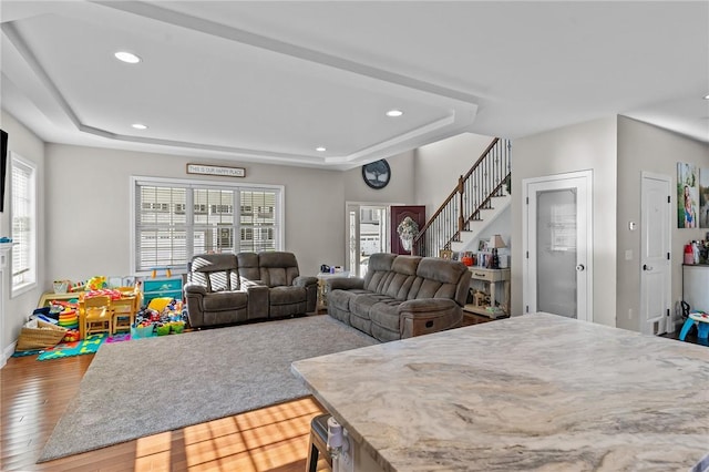 132 Theresa Marie Ave, Woonsocket, RI 02895 - kitchen featuring a tray ceiling, plenty of natural light, recessed lighting, and hardwood / wood-style floors