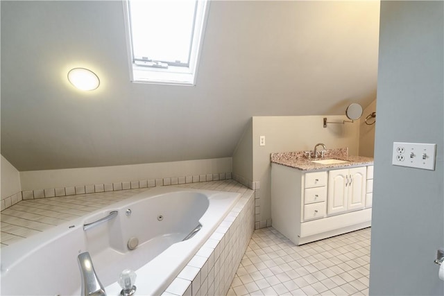 1291 Narragansett Blvd Unit 6, Cranston, RI 02905 - full bath featuring a whirlpool tub, vaulted ceiling, vanity, a skylight, and tile patterned floors