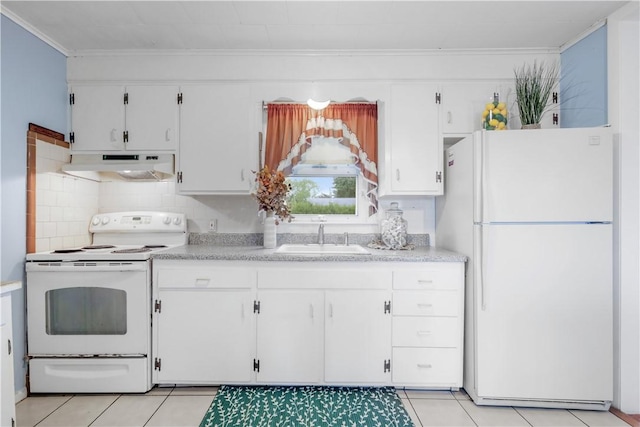 86 Weekapaug Rd, Westerly, RI 02891 - kitchen with white appliances, under cabinet range hood, a sink, ornamental molding, and light countertops