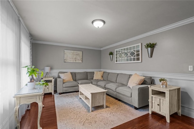 10 Bigelow Rd, Johnston, RI 02919 - living room featuring crown molding, dark wood-style flooring, and wainscoting
