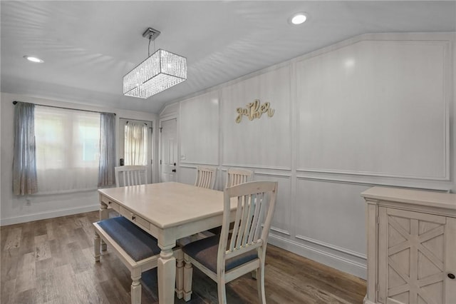 10 Bigelow Rd, Johnston, RI 02919 - dining area with wood finished floors, a chandelier, recessed lighting, a decorative wall, and lofted ceiling