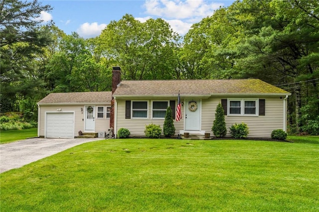 10 Bigelow Rd, Johnston, RI 02919 - ranch-style house featuring a chimney, entry steps, asphalt driveway, an attached garage, and a front lawn