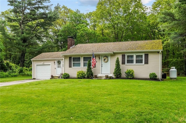 10 Bigelow Rd, Johnston, RI 02919 - ranch-style house featuring a chimney, driveway, a garage, and a front lawn